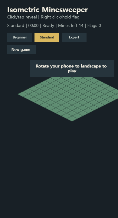 모바일 세로 화면에서 가로 전환을 안내하는 Isometric Minesweeper