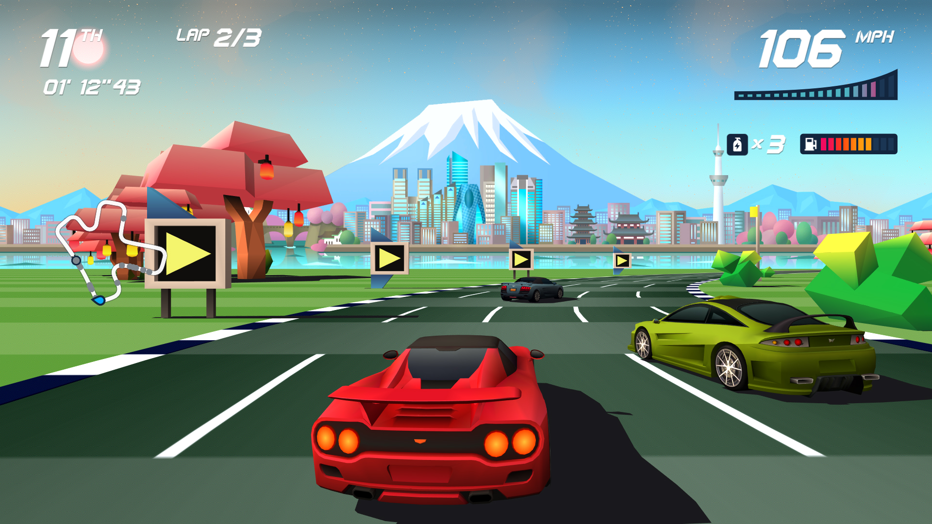 Horizon Chase Turbo의 넓은 전방 시야와 여러 겹의 도로·차량 표식을 보여 주는 공식 스크린샷