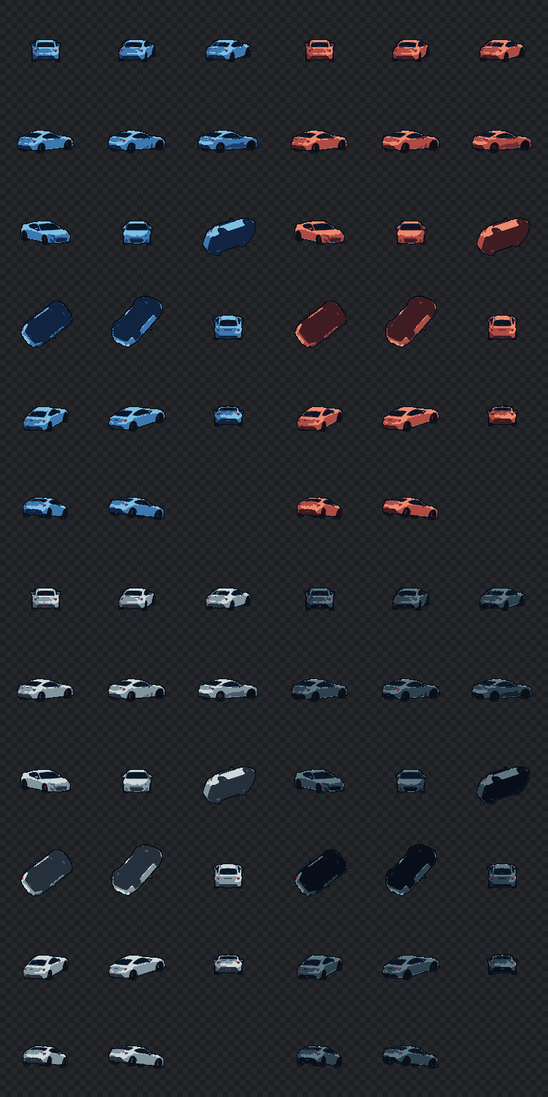Raven Coupe palette QA contact sheet. blue·red·silver·black variant가 같은 pose와 alpha를 공유하는지 한 장에서 확인한다.