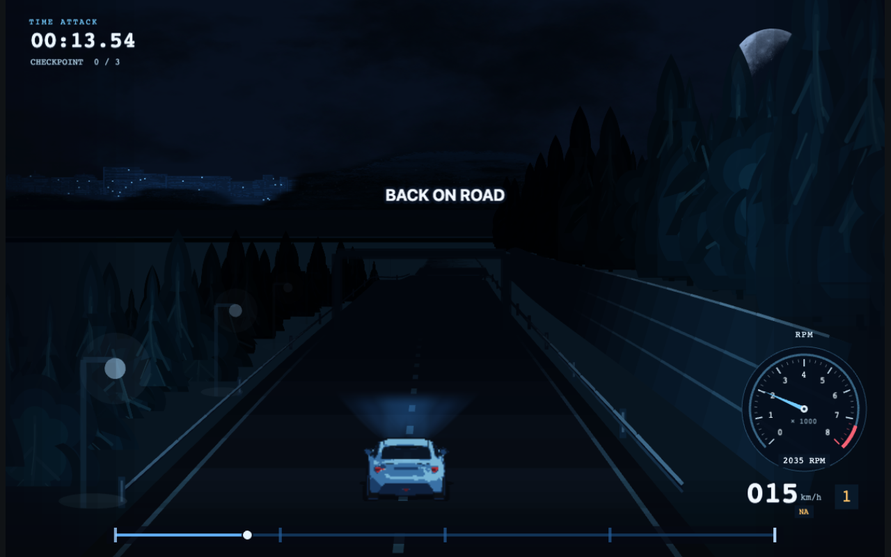 자동 복귀 뒤 BACK ON ROAD 안내와 함께 다시 가속하는 Apex Seoul 차량