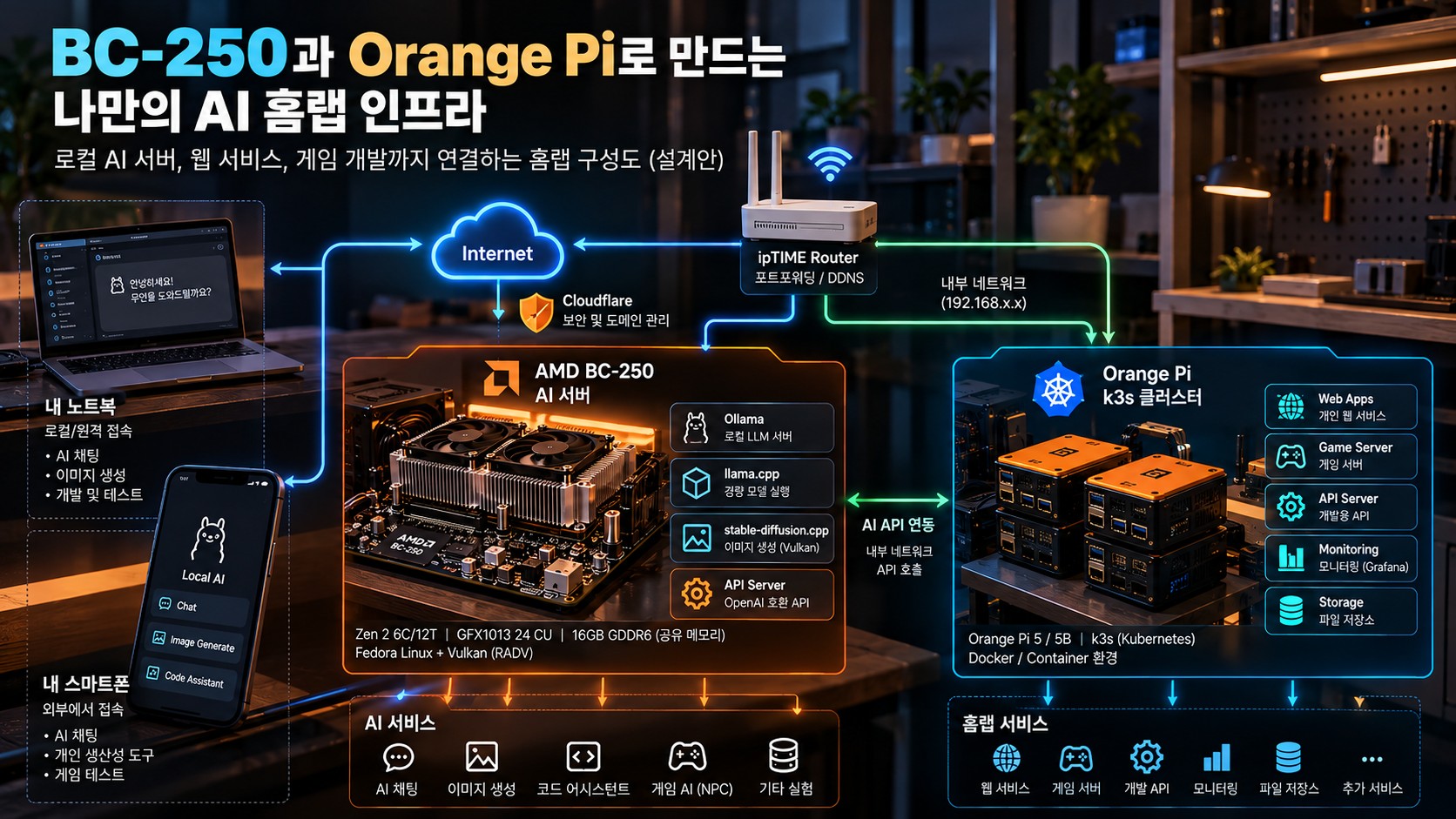 AMD BC-250 AI 서버와 Orange Pi k3s 클러스터의 미래 연결 구성도