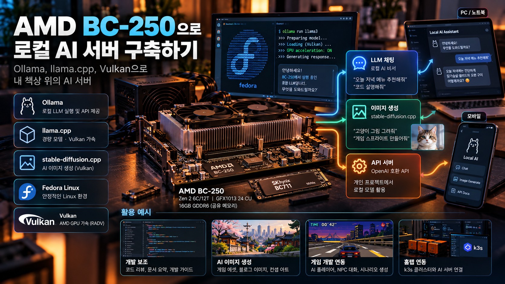 BC-250과 Ollama, llama.cpp, Vulkan을 이용한 로컬 AI 서버 활용 개념도